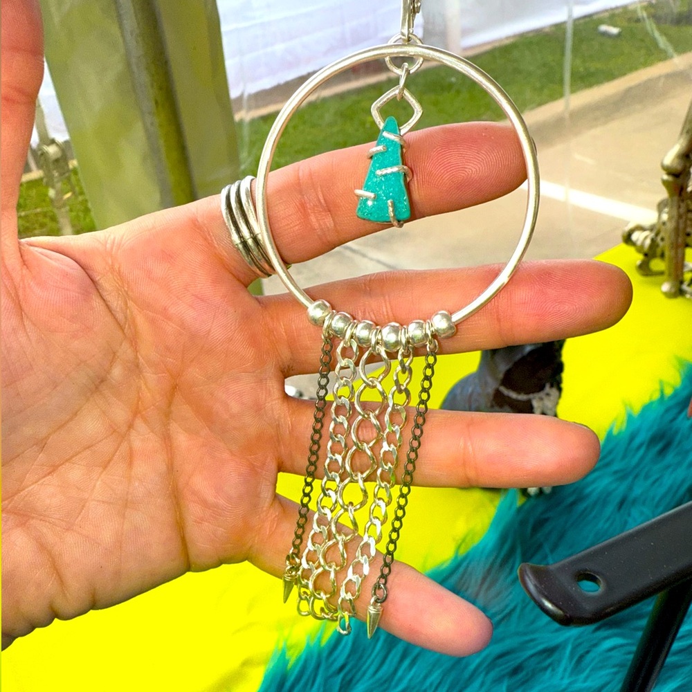 STERLING SILVER HOOPS WITH DRUZY CHRYSOCOLLA SILVER CHAINS AND SPIKES HANDMADE
